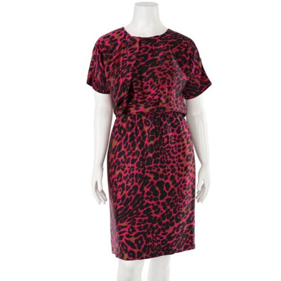 St. John Pink & Black Leopard Print Silk Blend Midi Dress Size 14 - Picture 1 of 6